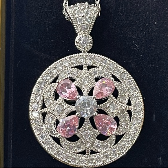 Sterling Silver Necklace Round Pendant Brilliant Diamond Pink Gem Embellished - Picture 10 of 12
